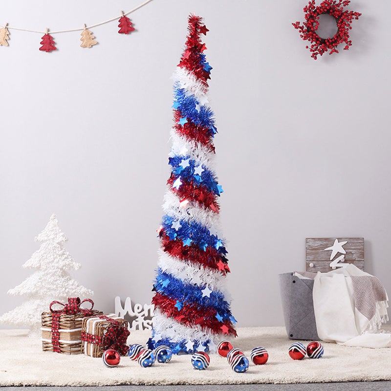 5FT Artificial Tinsel Tree 4th of July Independence Day Tinsel Tree Sequin Star Ornaments Garland Tree for Patriotic Party Decorations - Image 3