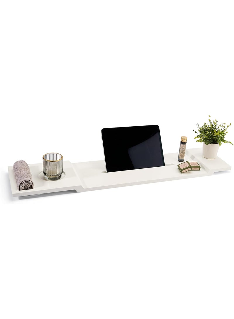 Premium White Bathtub Shelf with Bamboo Towel Holder – Adjustable Bath Tray Caddy with Tablet/Phone Holder, Wine Glass Slot, Candle Holder & Accessory Compartments  - Image 1