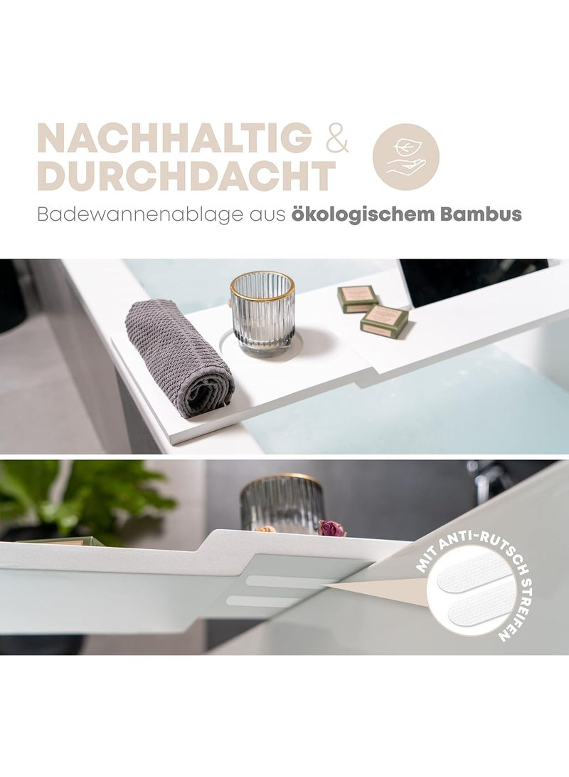 Premium White Bathtub Shelf with Bamboo Towel Holder – Adjustable Bath Tray Caddy with Tablet/Phone Holder, Wine Glass Slot, Candle Holder & Accessory Compartments  - Image 4