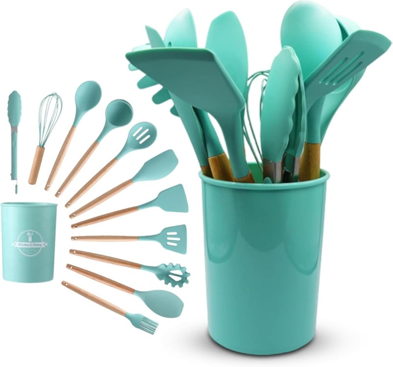 hanso Kitchen Utensils, Silicone Cooking Utensils with Holder, Non-stick Cookware Friendly & Heat Resistant, Includes Spatula Tong Whisk Ladle Brush Slotted Turner Spoon (Green)
