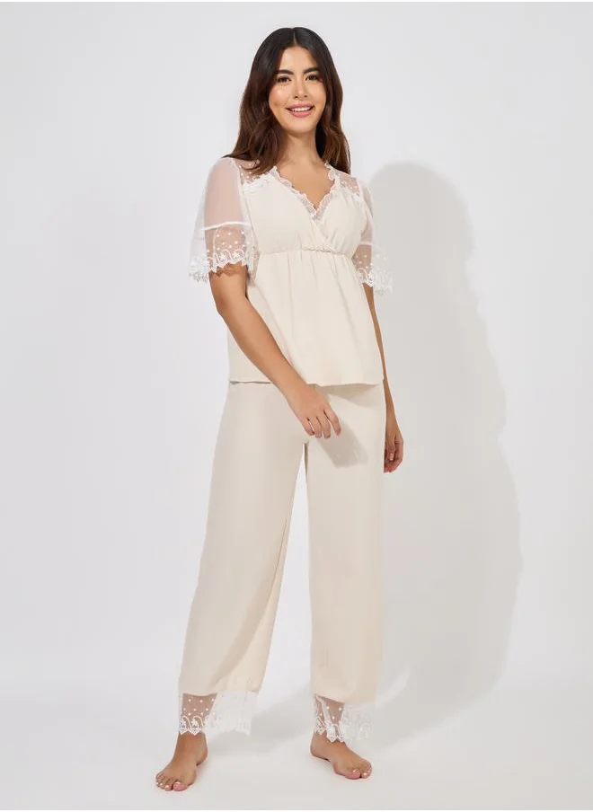 Styli Mesh Sleeve V Neck Top & Pyjama Set