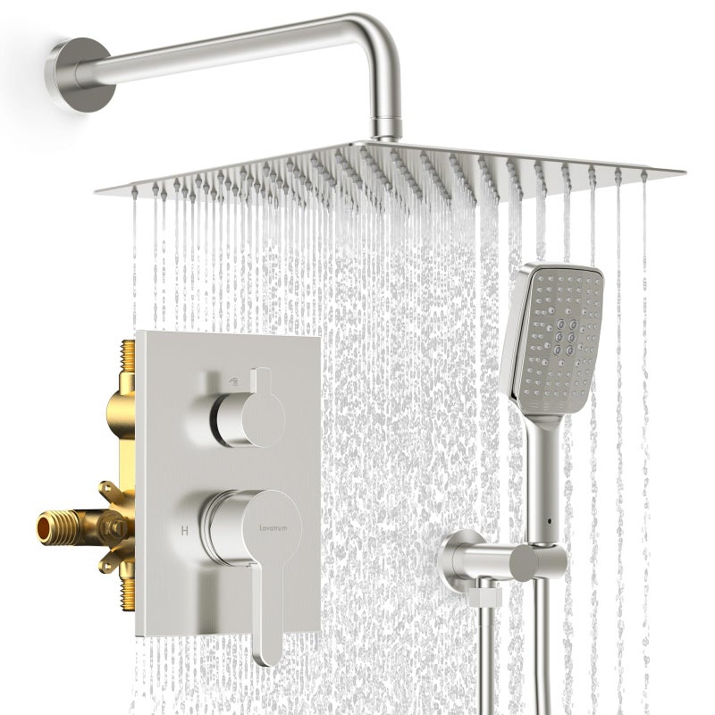 Lavatrum Shower Faucet Set 12 inches Rain Shower System with 6 Function Handheld Shower Head Rough in Pressure Balance Valve Kit Stainless Steel Bathroom Shower Kit Complete Brushed Nickel