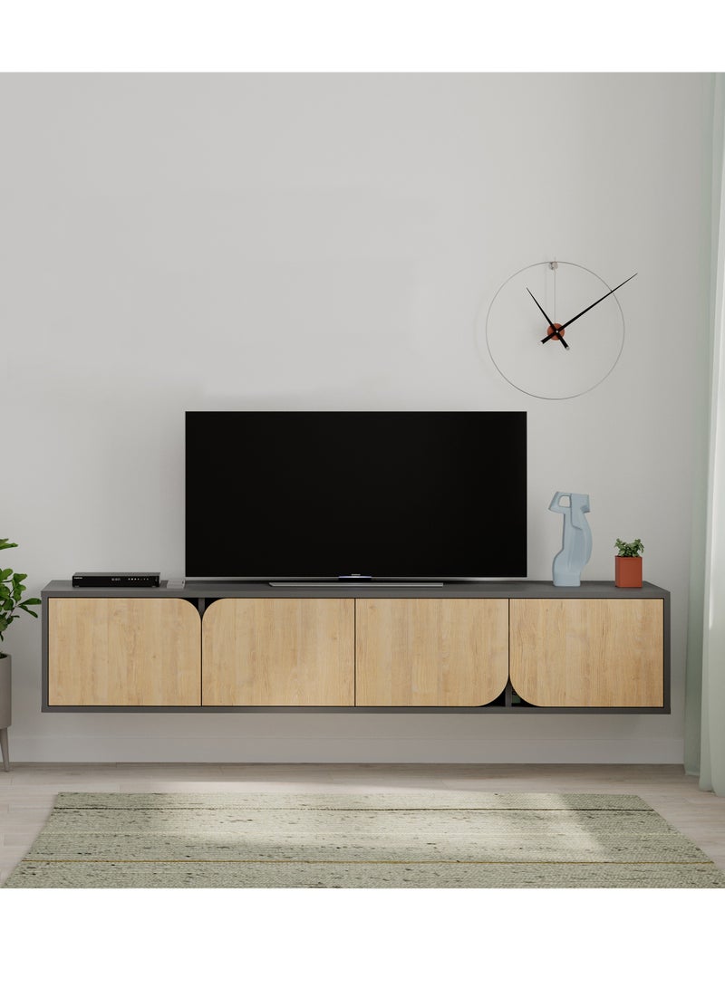 Mourah Home Spark Floating Tv Stand Cabinet Up To 70'' Inch Tv| Tv Unit Wall Mounted 4 Door| Tv Console| 180X35.6X35 Cm| Dark Grey Oak  - Image 1
