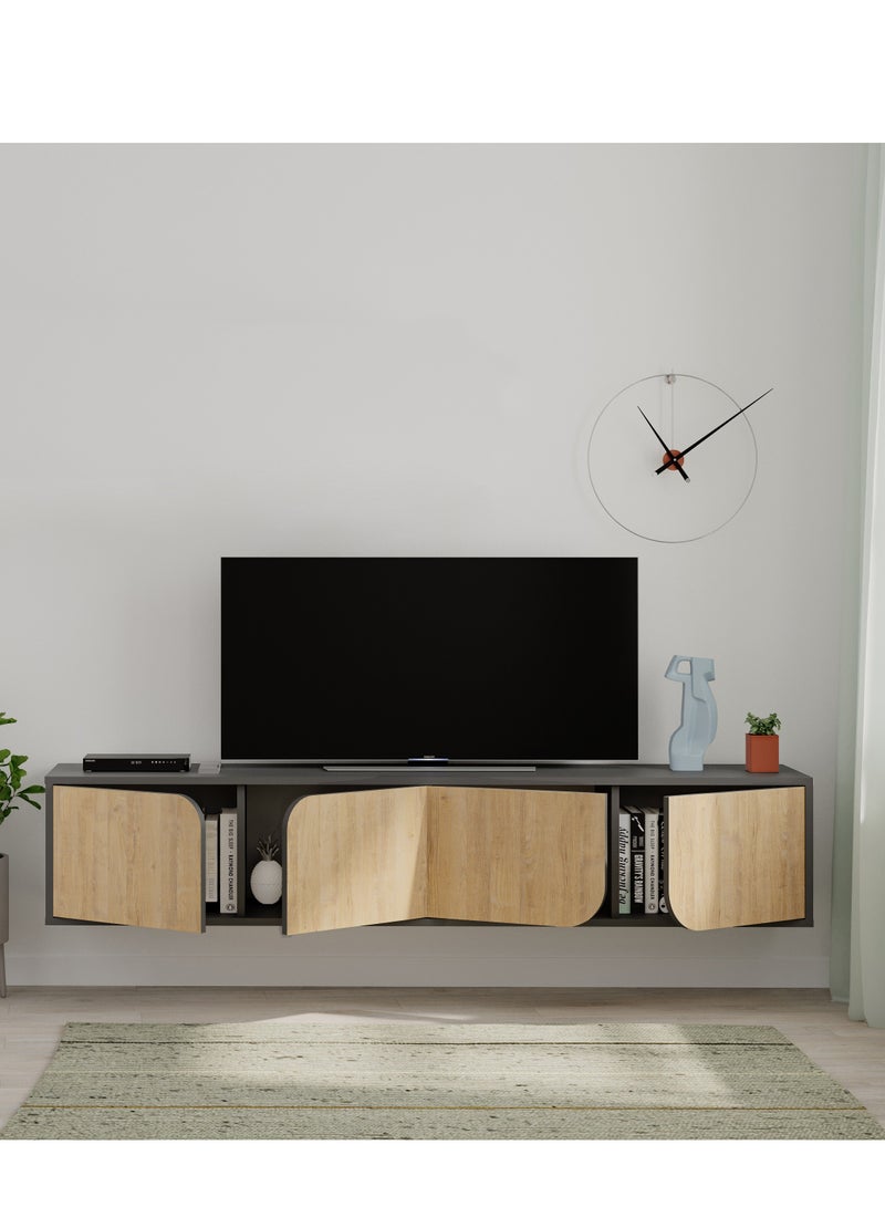 Mourah Home Spark Floating Tv Stand Cabinet Up To 70'' Inch Tv| Tv Unit Wall Mounted 4 Door| Tv Console| 180X35.6X35 Cm| Dark Grey Oak  - Image 3