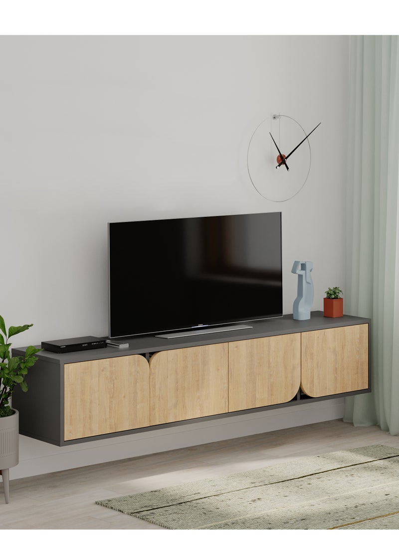 Mourah Home Spark Floating Tv Stand Cabinet Up To 70'' Inch Tv| Tv Unit Wall Mounted 4 Door| Tv Console| 180X35.6X35 Cm| Dark Grey Oak  - Image 2