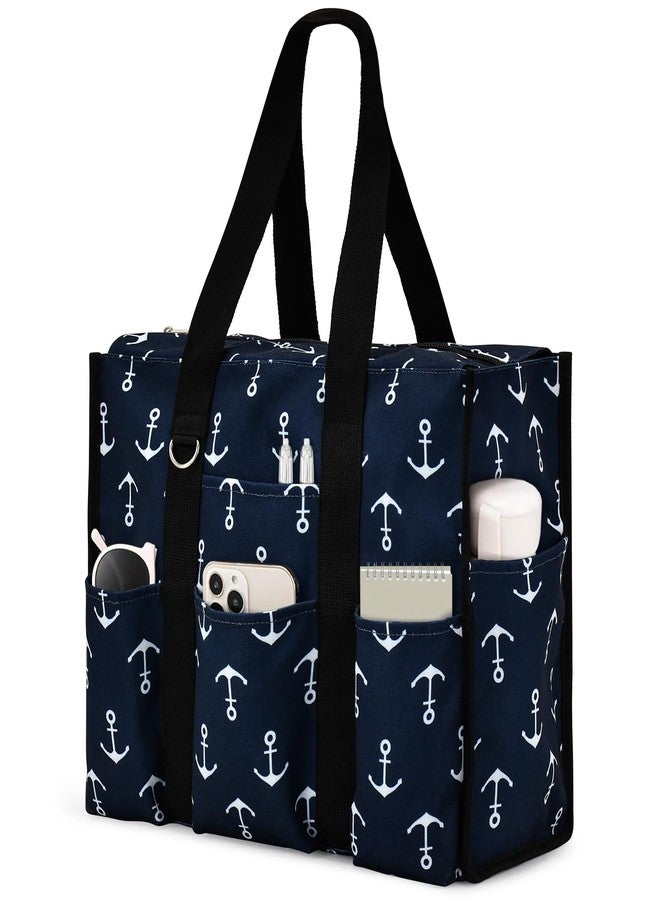 Becokan Large Tote Bag for Women Waterproof with 12 Pockets Top Zipper Closure Utility Teacher Nurse Bags for Work School, Anchor, Medium - Image 1