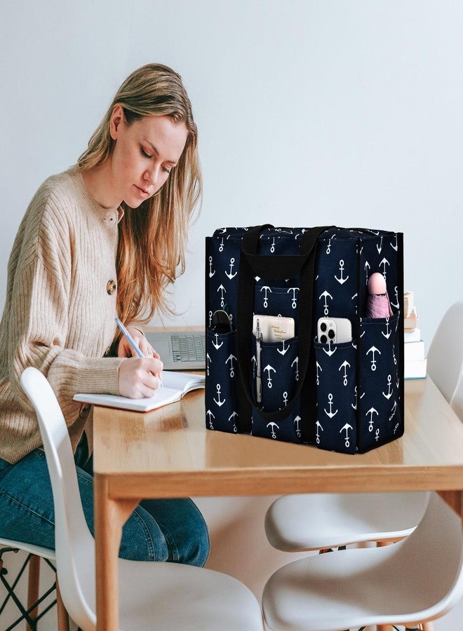 Becokan Large Tote Bag for Women Waterproof with 12 Pockets Top Zipper Closure Utility Teacher Nurse Bags for Work School, Anchor, Medium - Image 2