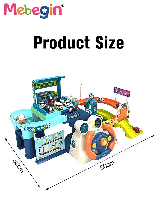 MEBEGIN - Electric Steering Wheel Garage Toy Set with Music Car Vehicle Building Parking Lot Race Tracks for Kids with 4 Random Cars City Traffic Track Cars for Preschool Gifts - Image 1