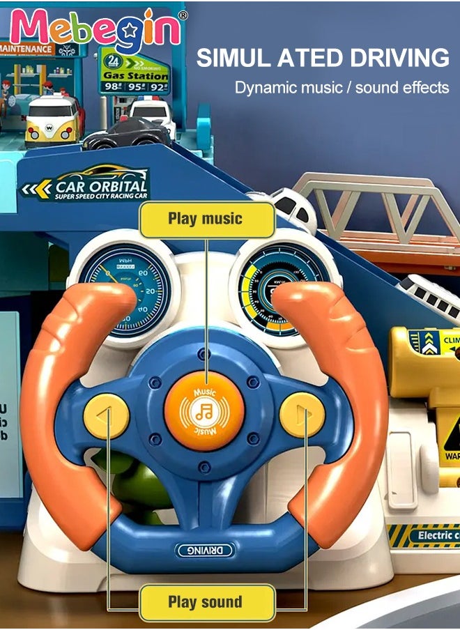 MEBEGIN - Electric Steering Wheel Garage Toy Set with Music Car Vehicle Building Parking Lot Race Tracks for Kids with 4 Random Cars City Traffic Track Cars for Preschool Gifts - Image 1