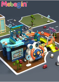 MEBEGIN Electric Steering Wheel Garage Toy Set with Music Car Vehicle Building Parking Lot Race Tracks for Kids with 4 Random Cars City Traffic Track Cars for Preschool Gifts  - Image 2