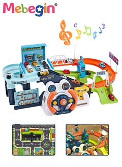 MEBEGIN Electric Steering Wheel Garage Toy Set with Music Car Vehicle Building Parking Lot Race Tracks for Kids with 4 Random Cars City Traffic Track Cars for Preschool Gifts  - Image 1