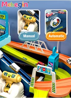 MEBEGIN Electric Steering Wheel Garage Toy Set with Music Car Vehicle Building Parking Lot Race Tracks for Kids with 4 Random Cars City Traffic Track Cars for Preschool Gifts  - Image 4