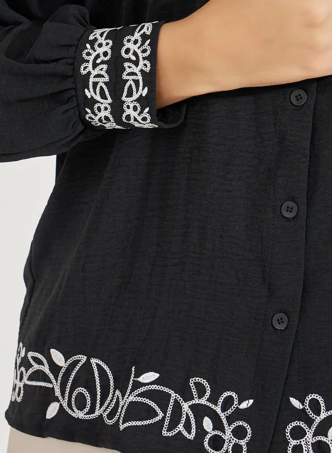 Styli Embroidered Hem Notch Neck Blouse with Cuffed Sleeves