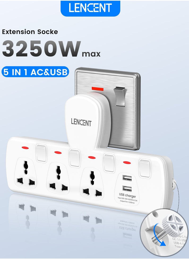 Lencent - Electrical Connection, Multi Plug Extension Socket, 3 Way Triple Plug Electrical Outlet Extender, Power Strip, Universal Plug Adapter, USB Charging Station for Home, Office, Kitchen, Separate Switch - Image 1