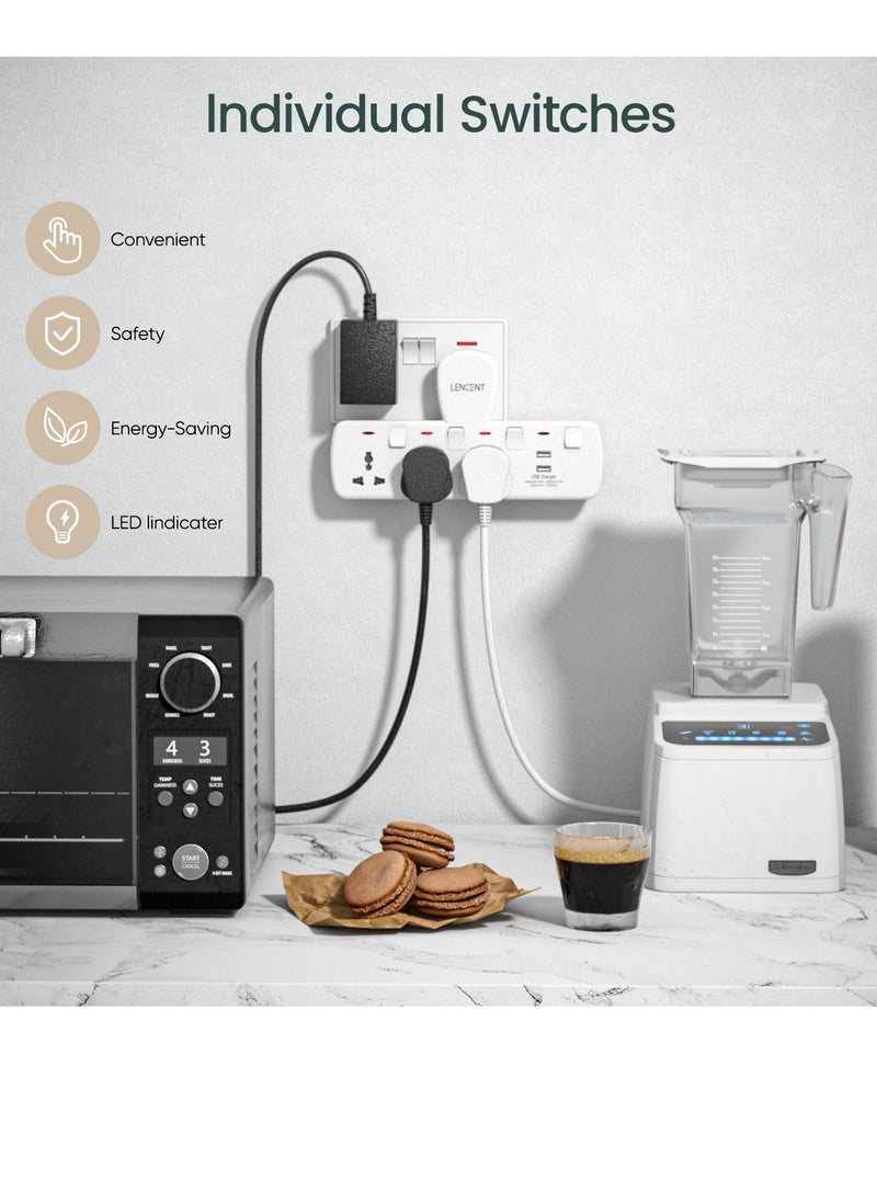 Lencent - Electrical Connection, Multi Plug Extension Socket, 3 Way Triple Plug Electrical Outlet Extender, Power Strip, Universal Plug Adapter, USB Charging Station for Home, Office, Kitchen, Separate Switch - Image 1