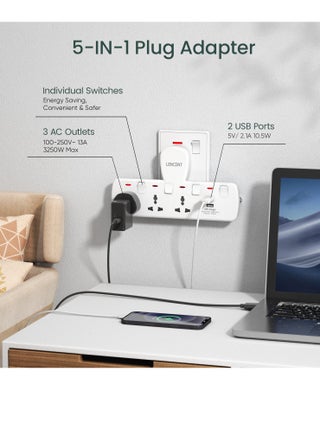 LENCENT مقبس تمديد متعدد القابس مع USB ، موسع مخرج كهربائي 3 اتجاهات مع 2 USB ، شاحن حائط ، محول قابس عالمي ، محطة شحن للمنزل والمكتب والمطبخ ، بتبديل فردي - view 5