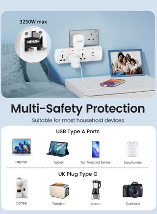 LENCENT مقبس تمديد متعدد القابس مع USB ، موسع مخرج كهربائي 3 اتجاهات مع 2 USB ، شاحن حائط ، محول قابس عالمي ، محطة شحن للمنزل والمكتب والمطبخ ، بتبديل فردي - view 4