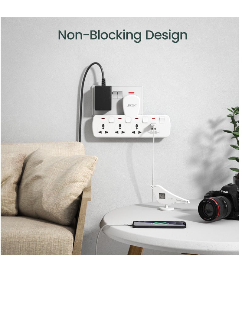 Lencent - Electrical Connection, Multi Plug Extension Socket, 3 Way Triple Plug Electrical Outlet Extender, Power Strip, Universal Plug Adapter, USB Charging Station for Home, Office, Kitchen, Separate Switch - Image 1