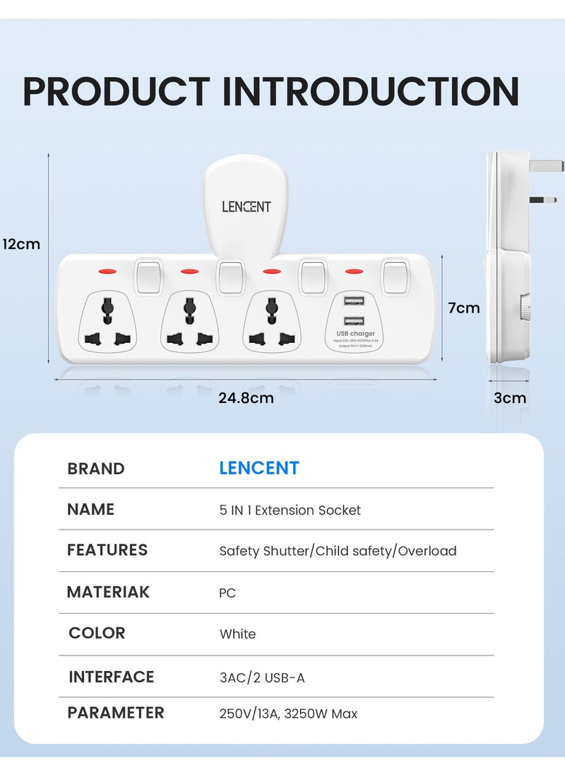 Lencent - Electrical Connection, Multi Plug Extension Socket, 3 Way Triple Plug Electrical Outlet Extender, Power Strip, Universal Plug Adapter, USB Charging Station for Home, Office, Kitchen, Separate Switch - Image 1