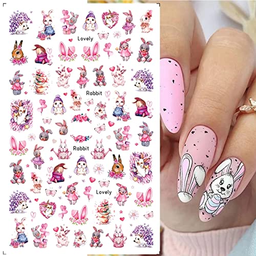 BSBTBZ 8 Sheets Easter Rabbit Nail Art Stickers Decals3D SelfAdhesive Nail Art Accessories Cartoons Rabbits Animals Hearts FlowersDesigns Sticker Lovely Retro Rabbit Manicure DIY Nail Decorations - Image 5
