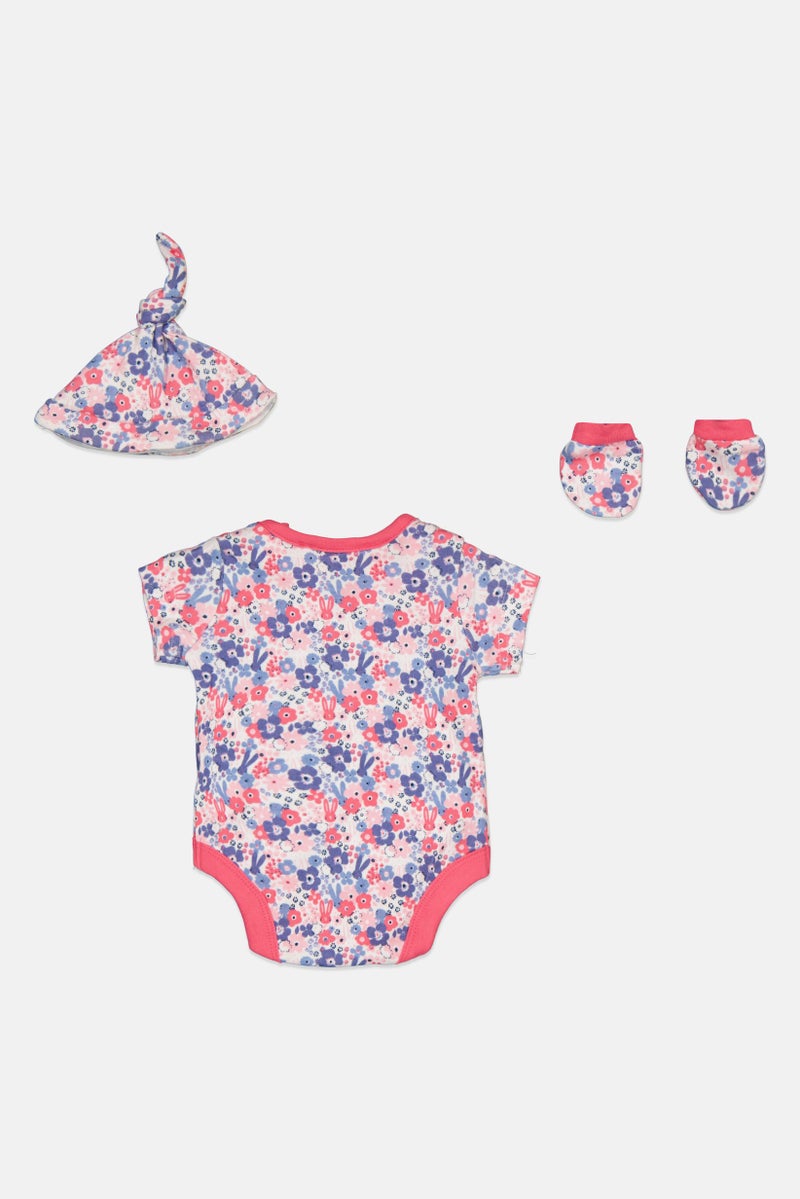 mothercare Toddlers Girl 3 Piece Floral Pattern Bodysuits, Cap And Socks Set, Multicolor  - Image 2
