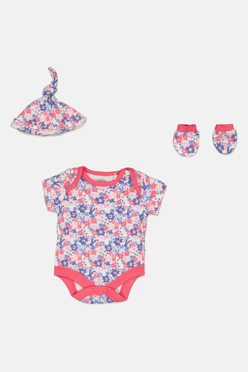 mothercare Toddlers Girl 3 Piece Floral Pattern Bodysuits, Cap And Socks Set, Multicolor  - Image 1