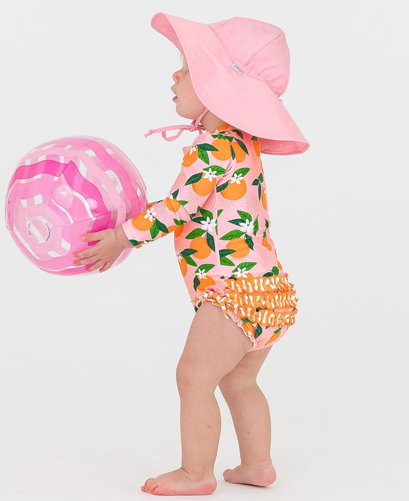 RuffleButts Baby Girls UPF 50+ Sun Protection Novelty Print Long Sleeve One Piece Rash Guard Swimsuit with Zipper - Orange You The Sweetest, 18-24m - Image 4
