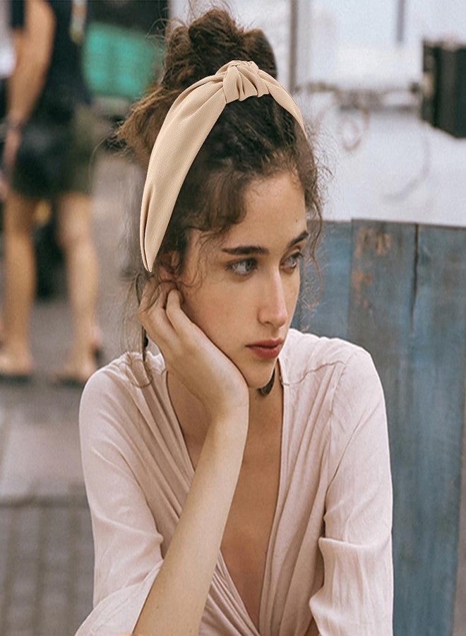 أوبري أطواق شعر AOPRIE للنساء، طوق رأس معقود من الأعلى للفتيات، أطواق شعر للنساء، أطواق رأس عريضة بلون موحد، أسود، أبيض، بيج، عبوة من 4 قطع - Image 5