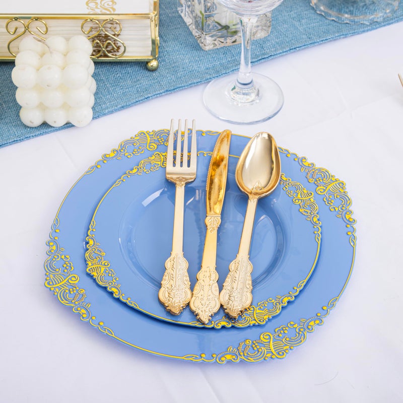 Joyido 125PCS Blue and Gold Plastic Plates - Airy Blue Disposable Plate - Gorgeous Plates with Gold Plastic Silverware Sets for 25 Guests for Party & Wedding & Spring - Image 3