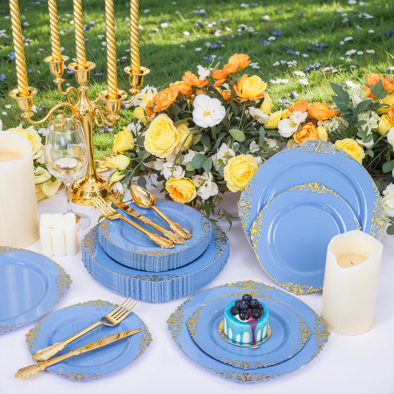 Joyido 125PCS Blue and Gold Plastic Plates - Airy Blue Disposable Plate - Gorgeous Plates with Gold Plastic Silverware Sets for 25 Guests for Party & Wedding & Spring - Image 4