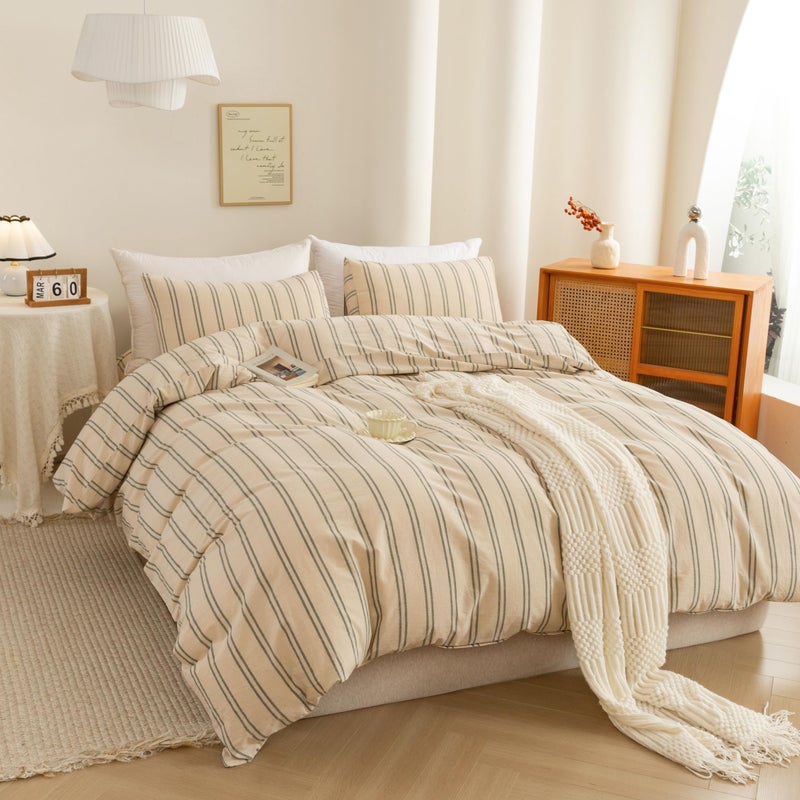 ECOCOTT Duvet Cover King Size - Linen Feel Organic Natural 100% Washed Cotton, Soft Breathable & Durable Bedding Set, Comfy Stripe Design for All Seasons - Image 5