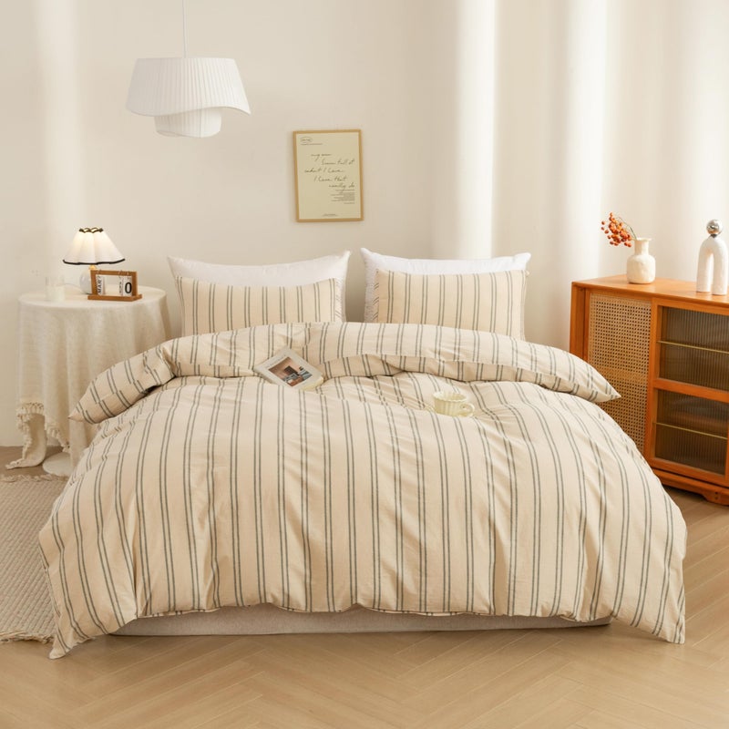 ECOCOTT Duvet Cover King Size - Linen Feel Organic Natural 100% Washed Cotton, Soft Breathable & Durable Bedding Set, Comfy Stripe Design for All Seasons - Image 1