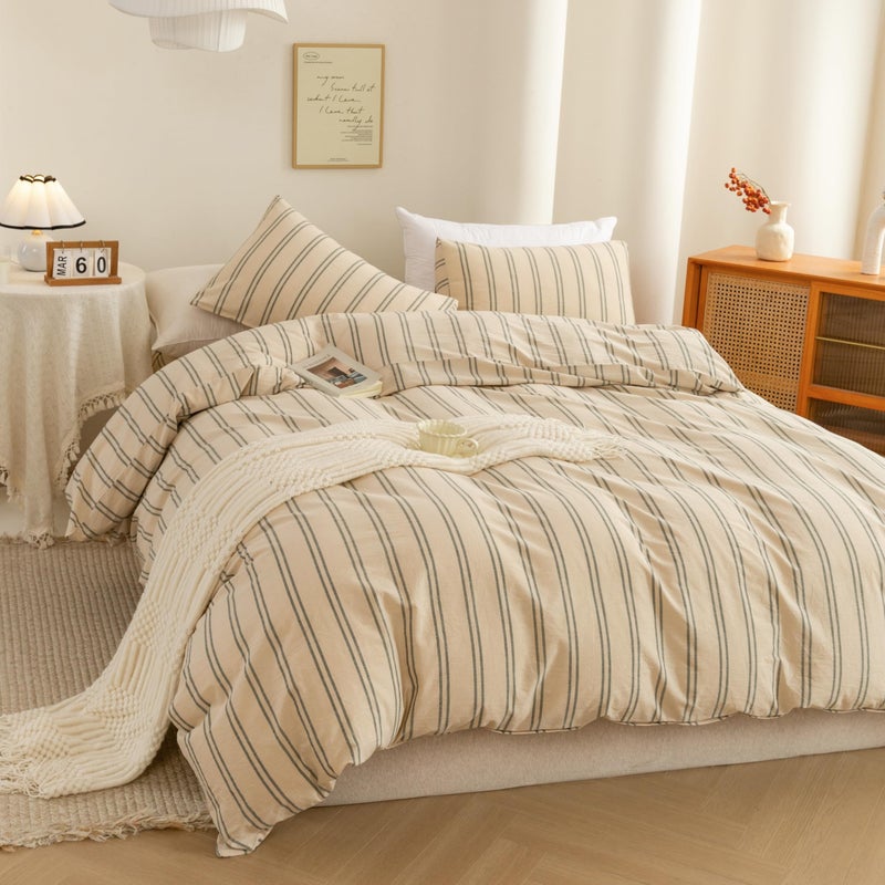 ECOCOTT Duvet Cover King Size - Linen Feel Organic Natural 100% Washed Cotton, Soft Breathable & Durable Bedding Set, Comfy Stripe Design for All Seasons - Image 4