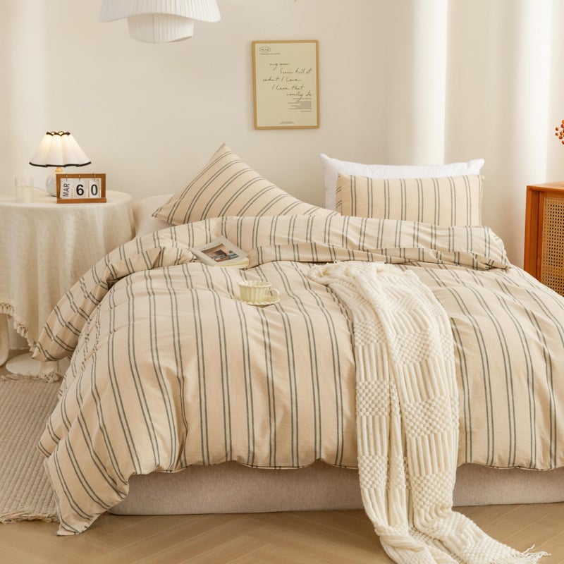 ECOCOTT Duvet Cover King Size - Linen Feel Organic Natural 100% Washed Cotton, Soft Breathable & Durable Bedding Set, Comfy Stripe Design for All Seasons - Image 2