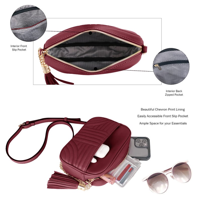 EVVE Quilted Crossbody Bags for Women - Stylish Camera Bag with Tassel - Lightweight Medium Size Shoulder Purse | Wine - Image 4