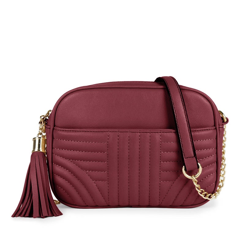 EVVE Quilted Crossbody Bags for Women - Stylish Camera Bag with Tassel - Lightweight Medium Size Shoulder Purse | Wine - Image 1