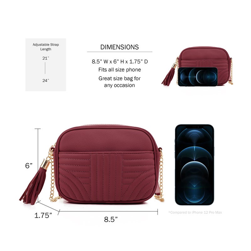 EVVE Quilted Crossbody Bags for Women - Stylish Camera Bag with Tassel - Lightweight Medium Size Shoulder Purse | Wine - Image 5