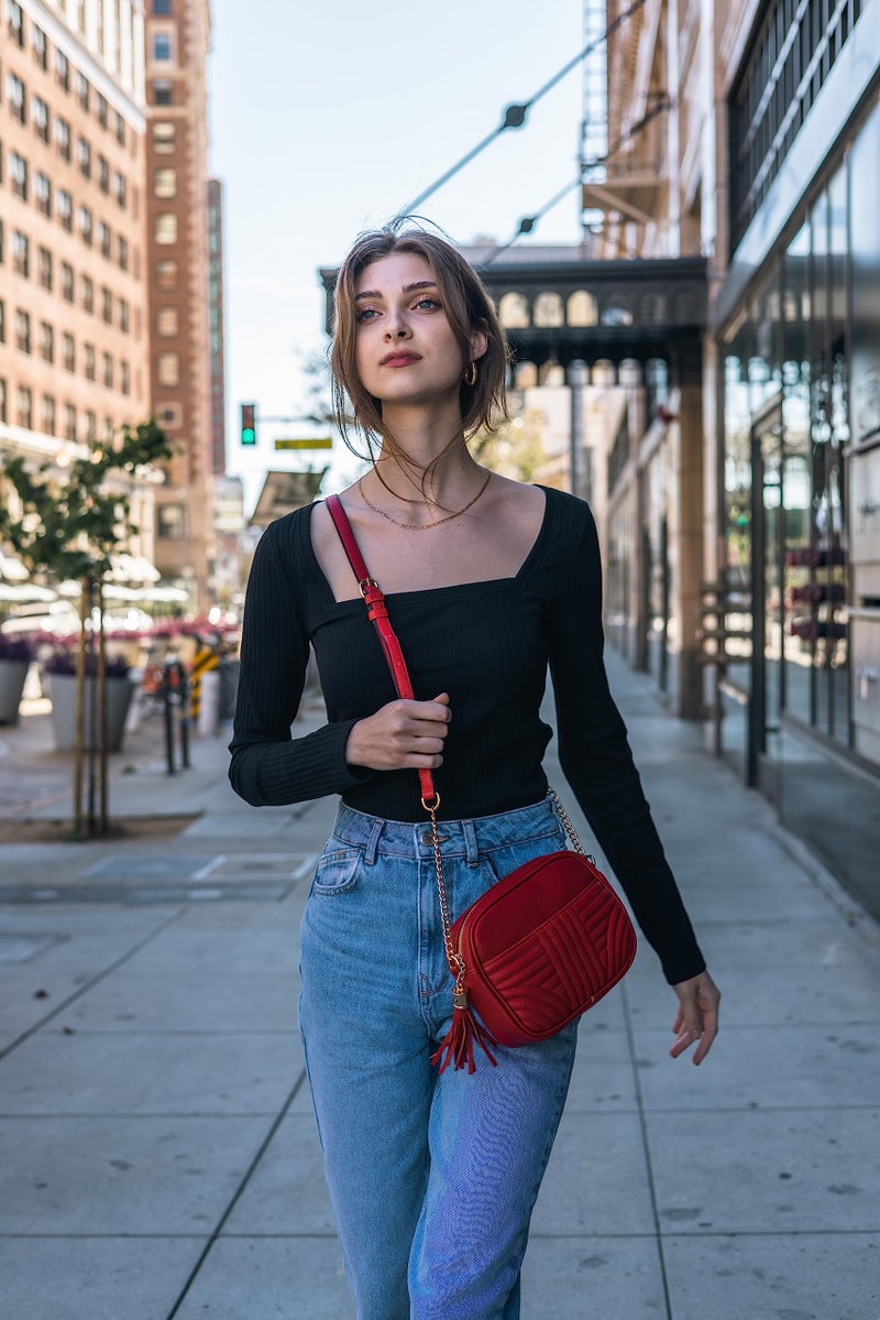 EVVE Quilted Crossbody Bags for Women - Stylish Camera Bag with Tassel - Lightweight Medium Size Shoulder Purse | Wine - Image 2