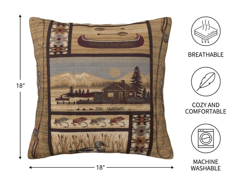 DATANSEN Set of 2 Square 18x18 inch Retro Black Throw Pillow Covers Rustic Lodge Decorative Throw Pillowcase for Home Sofa Thick Cotton Linen Cushion Cases (45x45 cm) Fly Fishing Canoe Log Cabin - Image 4