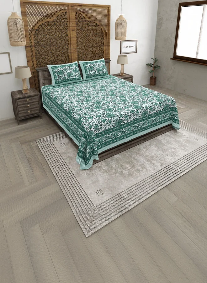 CLOTHOLOGY CLOTHOLOGY White & Sea Green Floral 180 TC King Bedsheet with 2 Pillow Covers