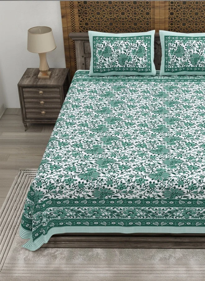 CLOTHOLOGY CLOTHOLOGY White & Sea Green Floral 180 TC King Bedsheet with 2 Pillow Covers
