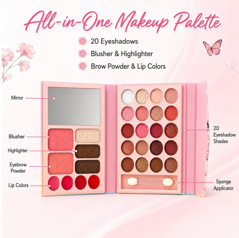 Me Now All in One Makeup Palette Butterfly Eyeshadow Kit with Blusher, Highlighter, Eyebrow Powder Lip Colors Mirror and Applicator (Purple Butterfly) - Image 2