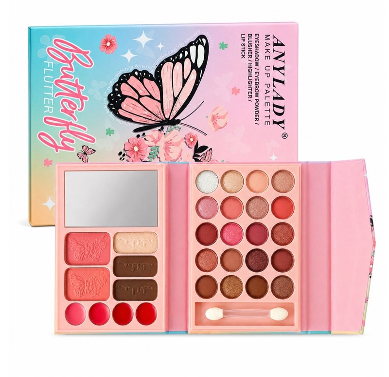 Me Now All in One Makeup Palette Butterfly Eyeshadow Kit with Blusher, Highlighter, Eyebrow Powder Lip Colors Mirror and Applicator (Purple Butterfly) - Image 1