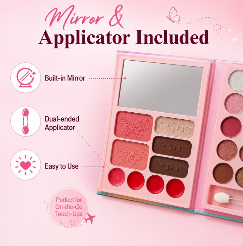 Me Now All in One Makeup Palette Butterfly Eyeshadow Kit with Blusher, Highlighter, Eyebrow Powder Lip Colors Mirror and Applicator (Purple Butterfly) - Image 5