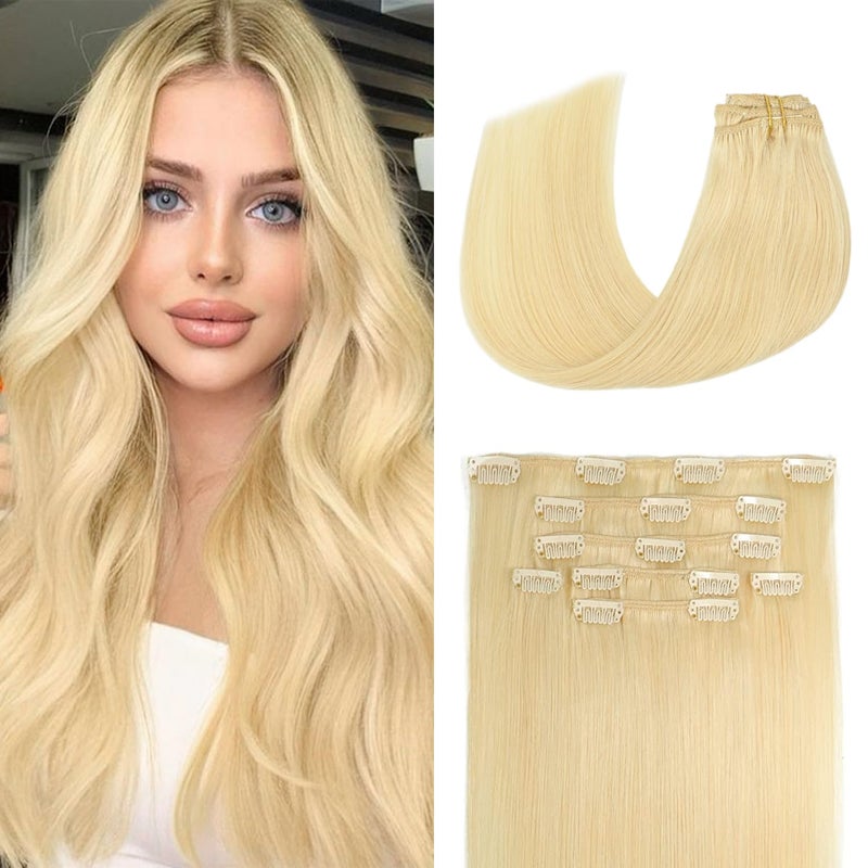 Aison Clip in Hair Extensions Real Human Hair 70G Bleach Blonde 100 Remy Human Hair Women 7pcs 16clips 20 Inch 613