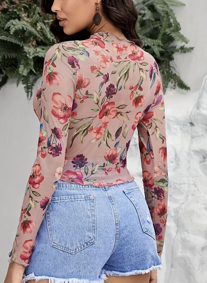 YUNIQEE Pink Round Neck Long Sleeves Printed Top
