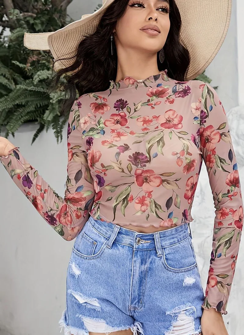 YUNIQEE Pink Round Neck Long Sleeves Printed Top