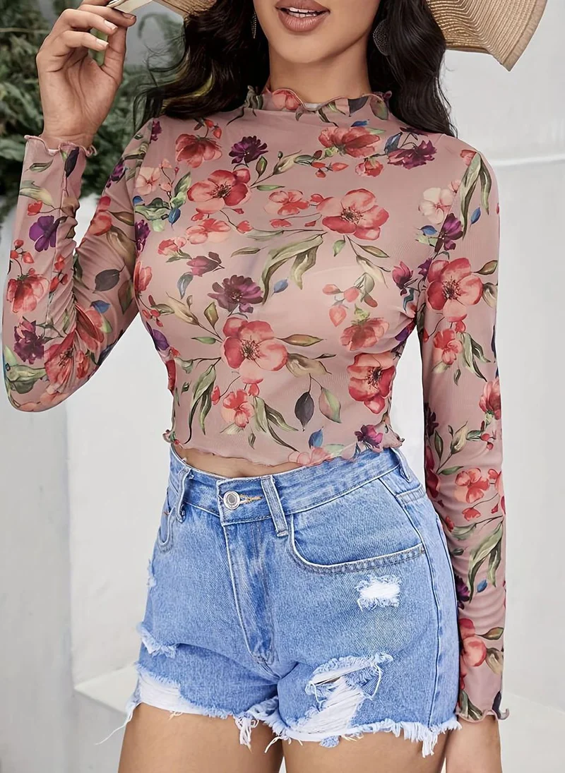 YUNIQEE Pink Round Neck Long Sleeves Printed Top