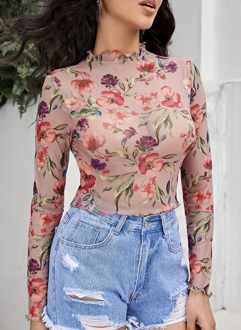 YUNIQEE Pink Round Neck Long Sleeves Printed Top