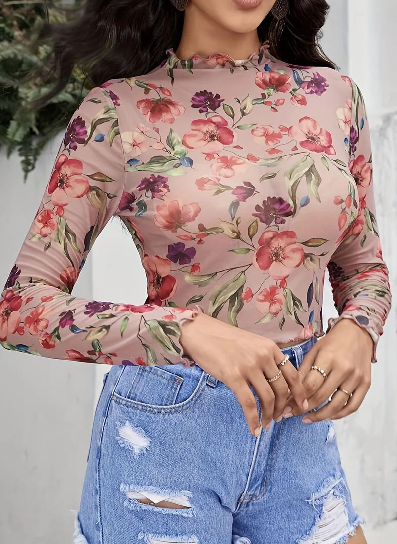 YUNIQEE Pink Round Neck Long Sleeves Printed Top